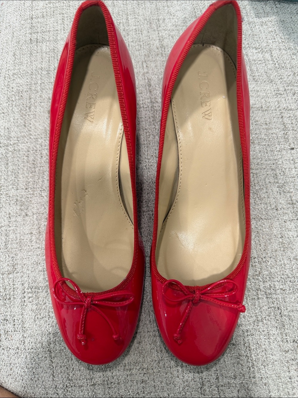 J. Crew Bright Red Patent Leather Square with Bow Trim